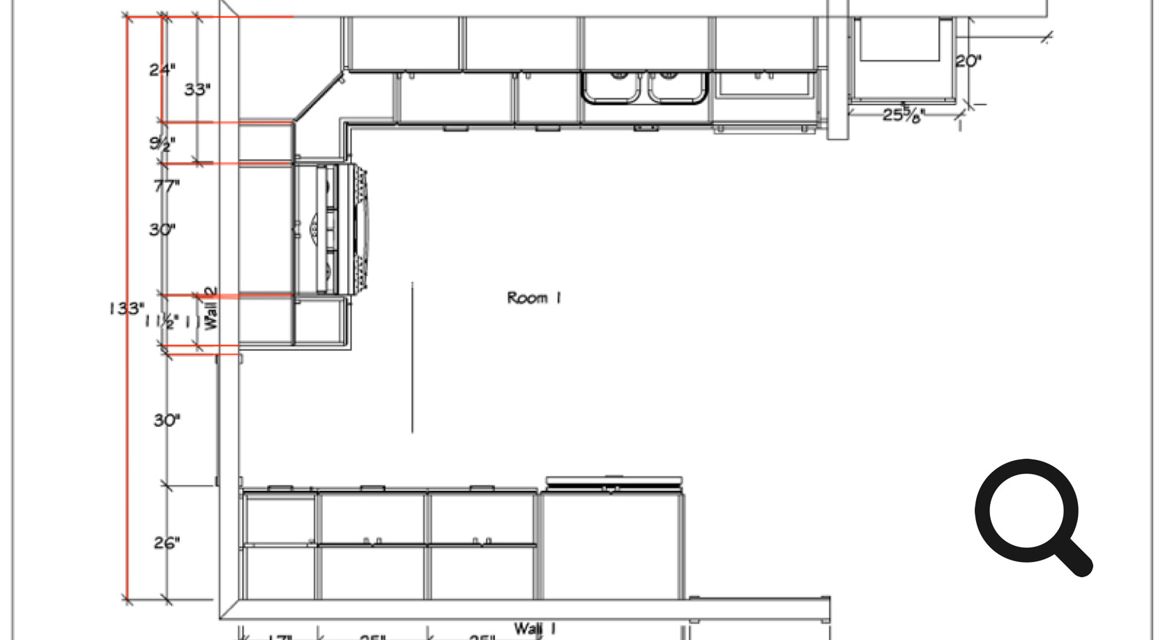 Floor plan of a room with measurements, showing an L-shaped layout with counters and cabinets.