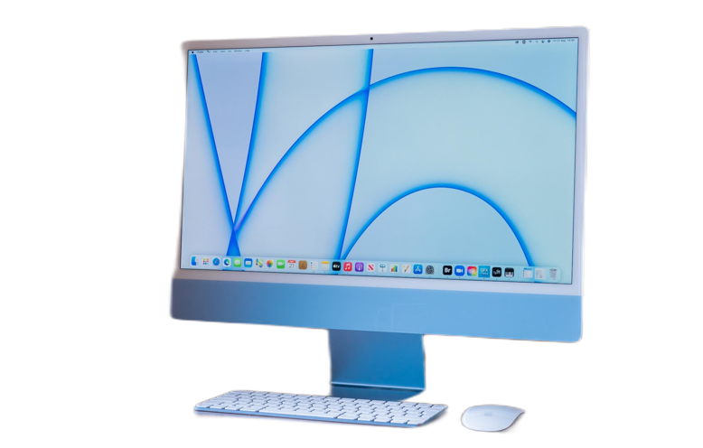 A desktop iMac M1 computer with a blue stand, keyboard, and mouse on a wooden desk, displaying a screen with abstract blue lines on a light background.
