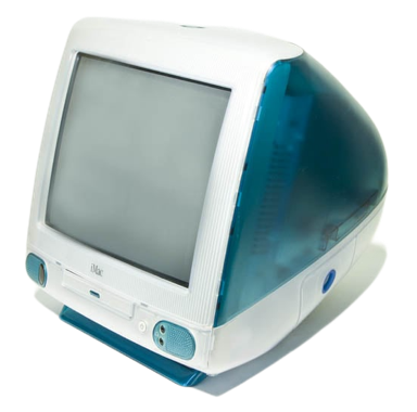 A vintage Apple iMac Bondi computer with a translucent blue and white casing, featuring a CRT monitor.