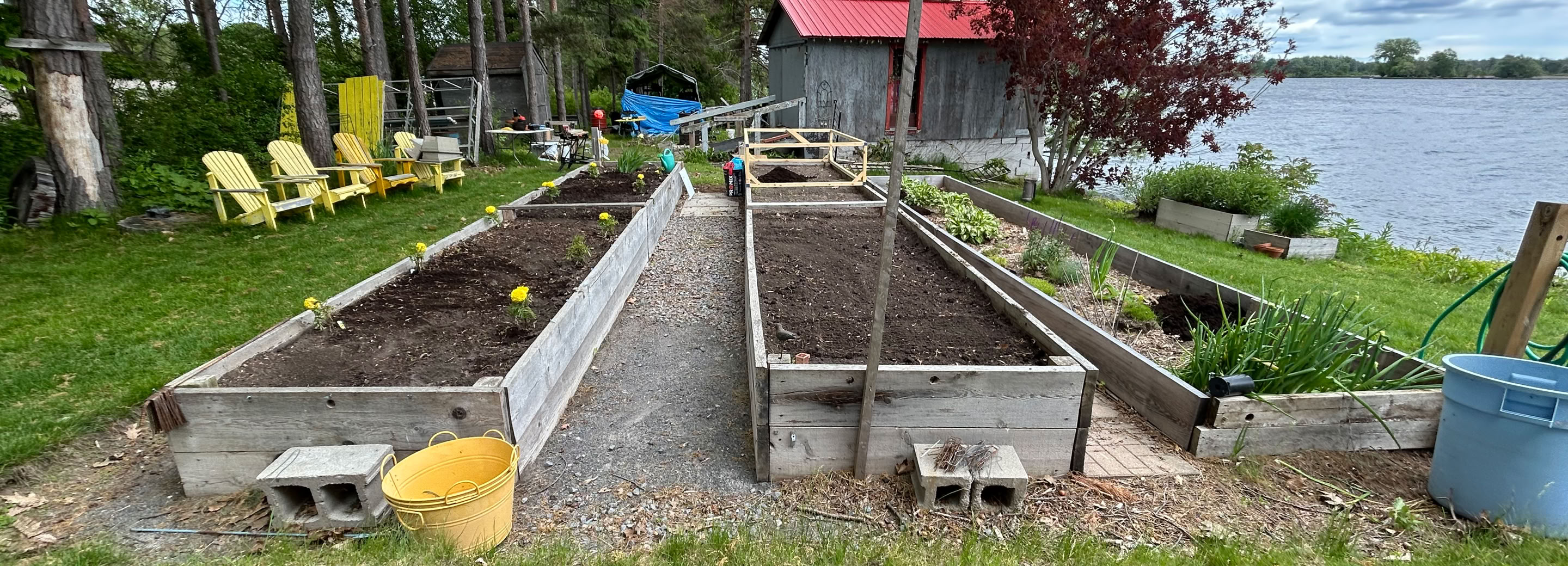 Raised garden beds with soil, surrounded by grass and trees, with a red-roofed building and a body of water in the background.