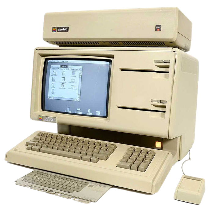 A vintage beige Apple LISA computer with a monitor displaying a monochrome interface, a keyboard, and a mouse.