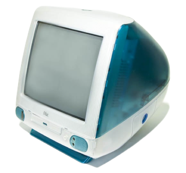 A vintage Apple iMac Bondi computer with a translucent blue and white casing, featuring a CRT monitor.
