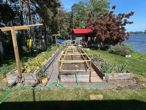 A garden with raised beds and wooden frames, surrounded by grass and trees, with a red-roofed building and a body of water in the background.
