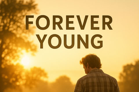 A man and a child holding hands walking through a field at sunset with the text "FOREVER YOUNG" above them.