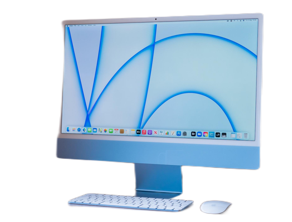 A desktop iMac M1 computer with a blue stand, keyboard, and mouse on a wooden desk, displaying a screen with abstract blue lines on a light background.