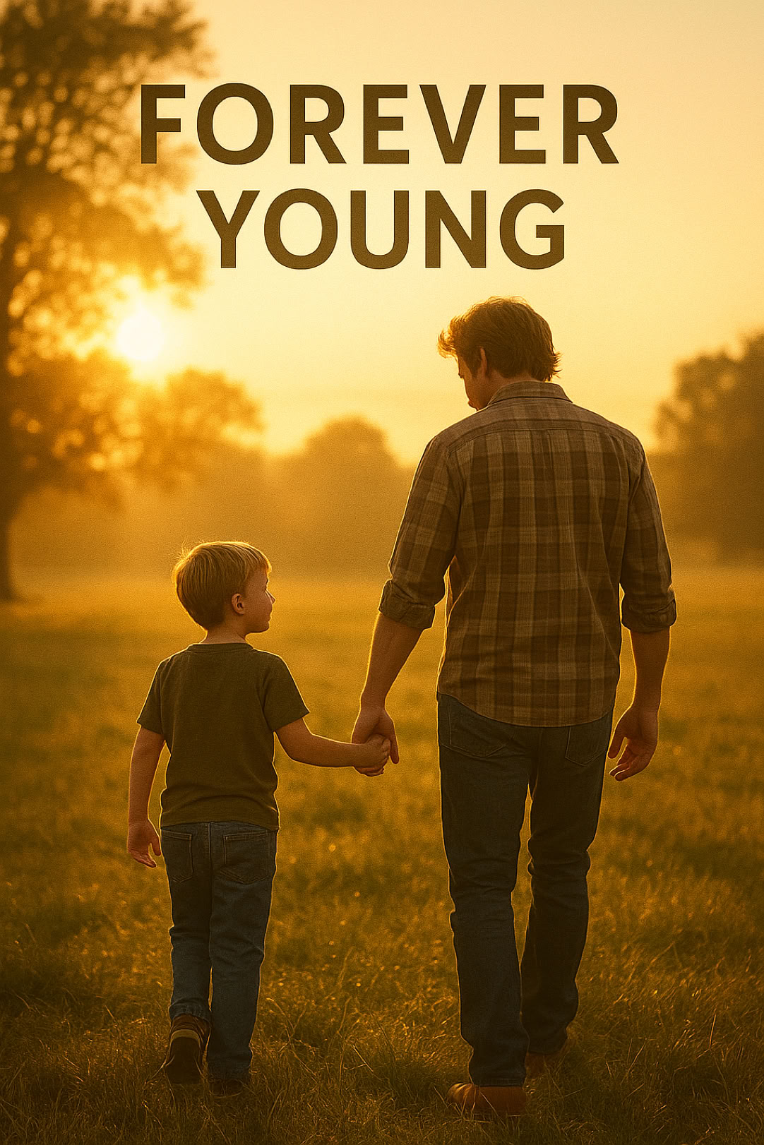 A man and a child holding hands walking through a field at sunset with the text "FOREVER YOUNG" above them.