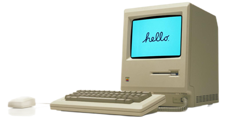 A vintage beige Apple Macintosh computer with a monitor displaying the word "hello," accompanied by a keyboard and a mouse.